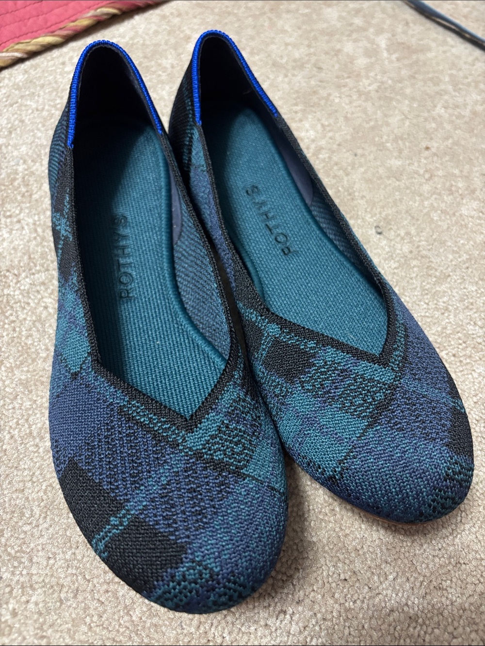 Rothy's Flat Round Toe Woven Flat in Forest Tartan Green and Blue Plaid Size 7